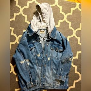 Free people oversized distressed jean jacket with sweatshirt hood